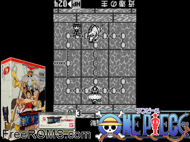 From TV Animation - One Piece - Mezase Kaizoku Ou (J) [M] Wonderswan game showing 3D box cover and gameplay screenshot